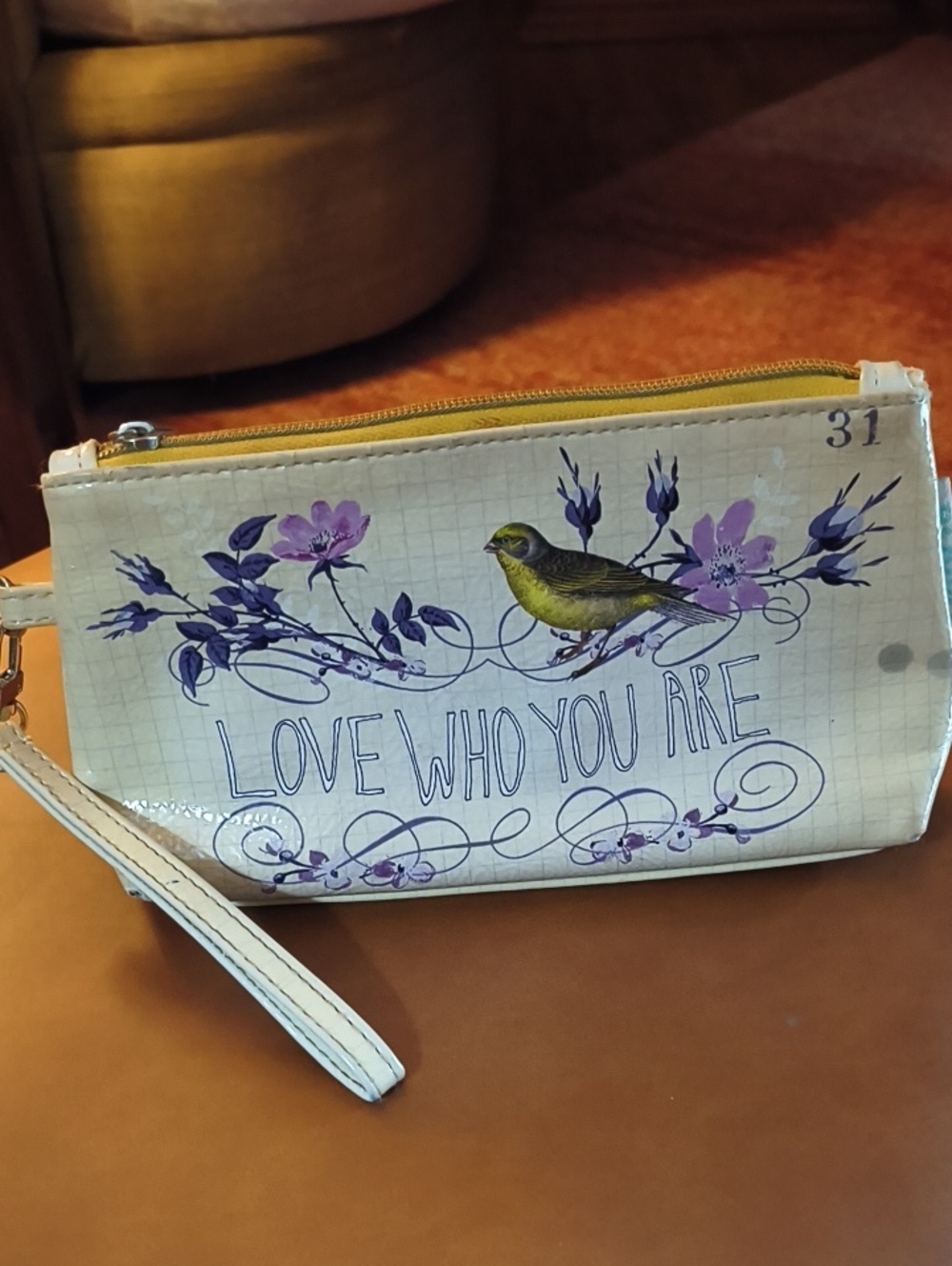 Papaya White Wristlet Clutch with Purple Floral & Yellow Bird